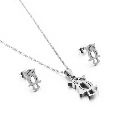 Empty Owl Necklace and Stainless Earring Set