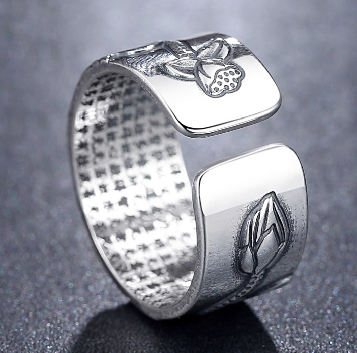 Thai Silver Black Lotus Heart Sutra Ring