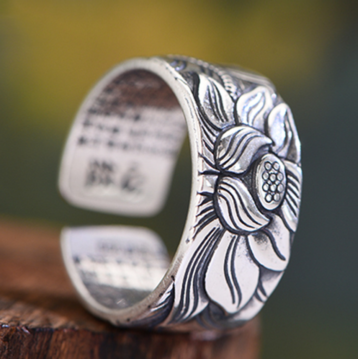 Thai Silver Black Lotus Heart Sutra Ring